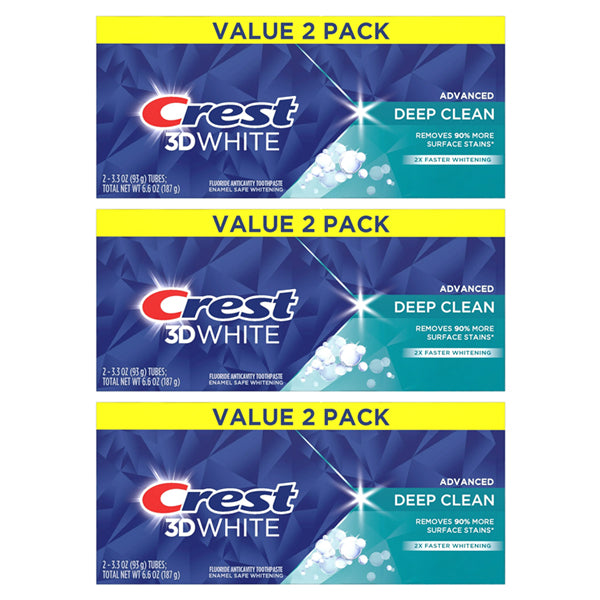Get a brighter smile every day with the Crest 3 Pack - 3D White Advanced Deep Clean Whitening Toothpaste, each a 3.3 oz twin pack.